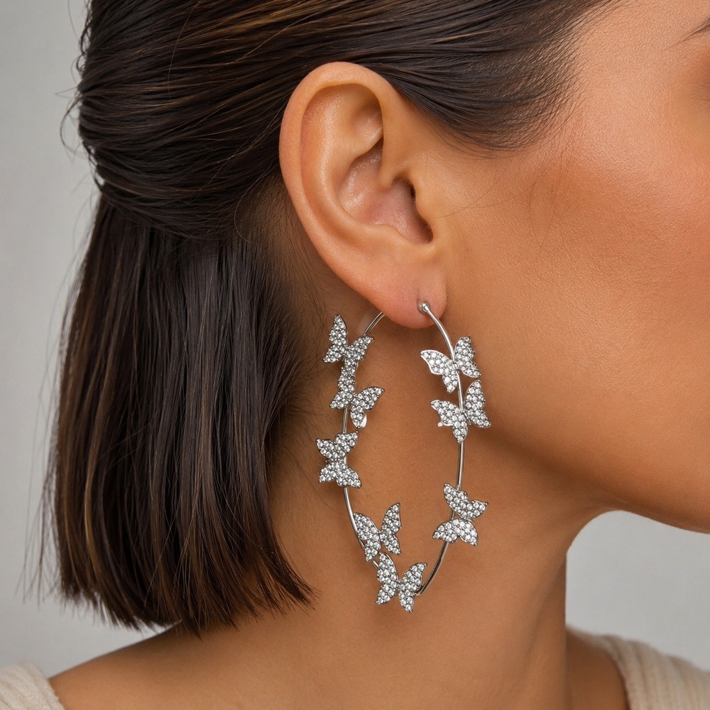 Silver Tone Rhinestone Butterfly Hoop Earrings Pavé Crystal Statement Earrings